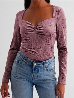 Express Body Contour Mauve Crushed Velvet Sweetheart Neckline Long Sleeve Top XS